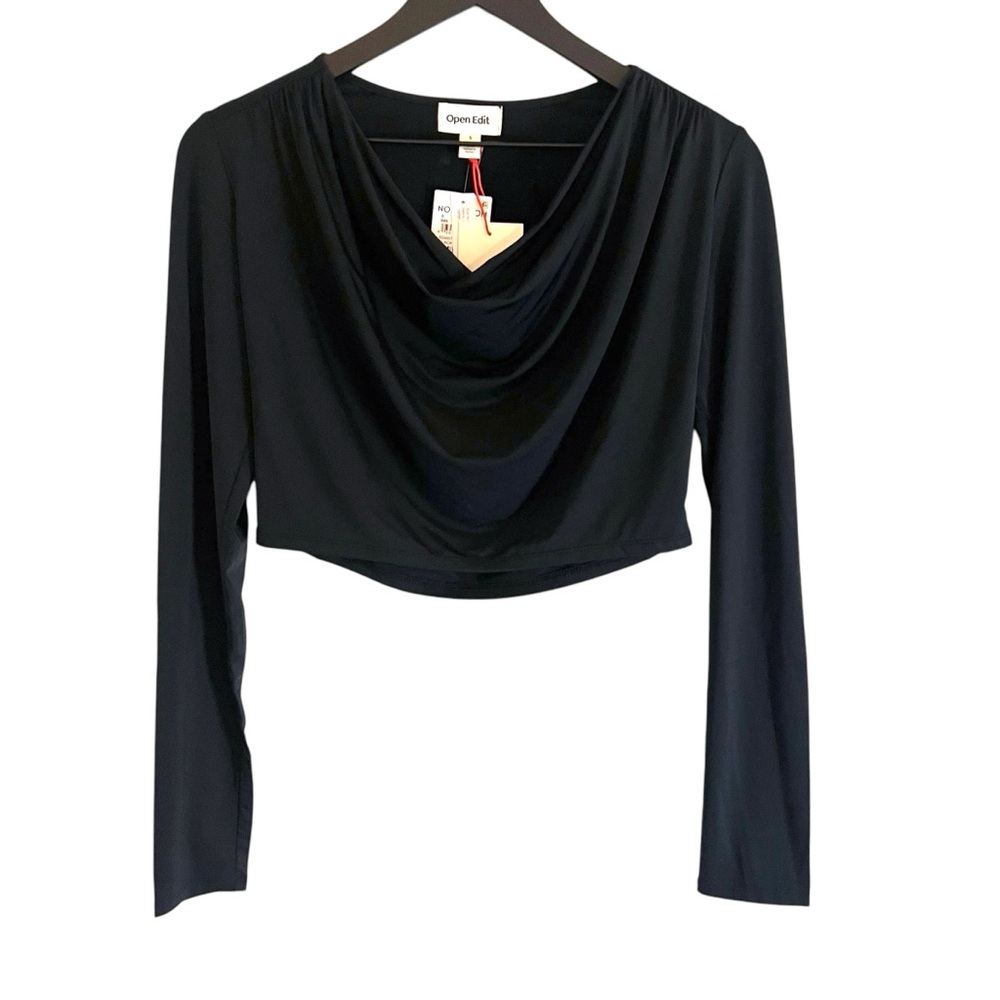 Open Edit NWT Large Black Cowl Neck Long Sleeve Jersey Stretch Crop Top Blouse